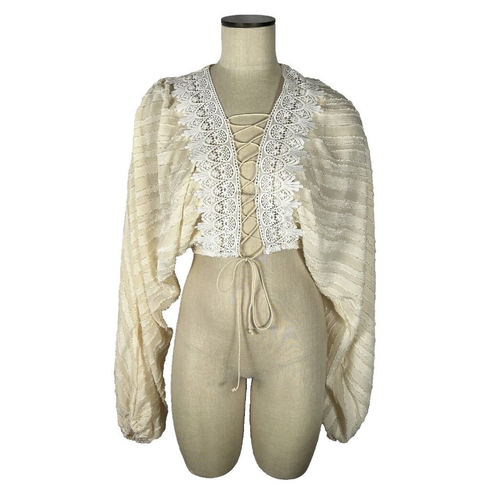Salanta Lantern Sleeve Cream White Boho Lace Tie Shear Crop Top Size Small